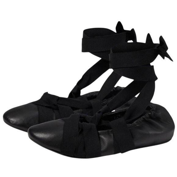 Free People Cece Wrap Ballet Flats Black Leather Ribbon Tie Size 11 - Picture 3 of 16